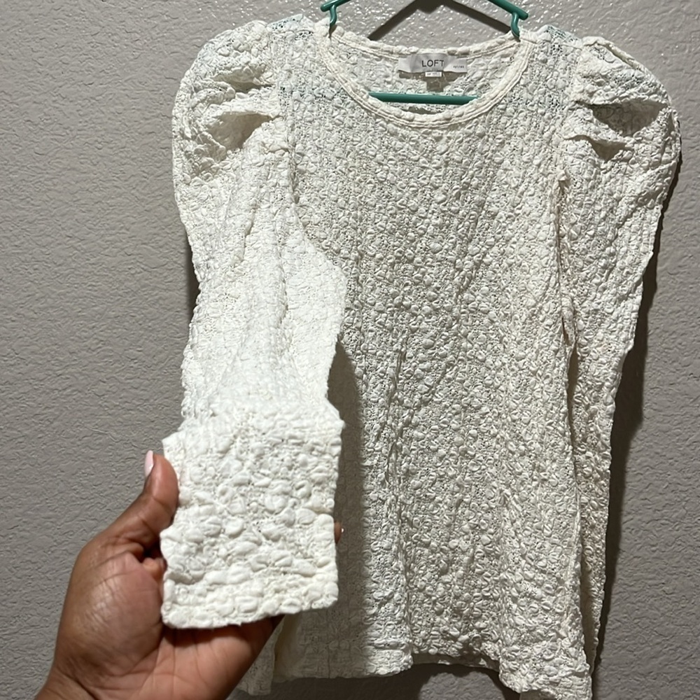 LOFT Women's Petite Floral Lace Pleated Puff Sleeve Top Ivory Sz MP stylish long - Picture 7 of 11